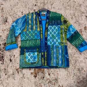 Yak Majik Womens Green Blue Floral Paisley Textured Jacket Sz Medium